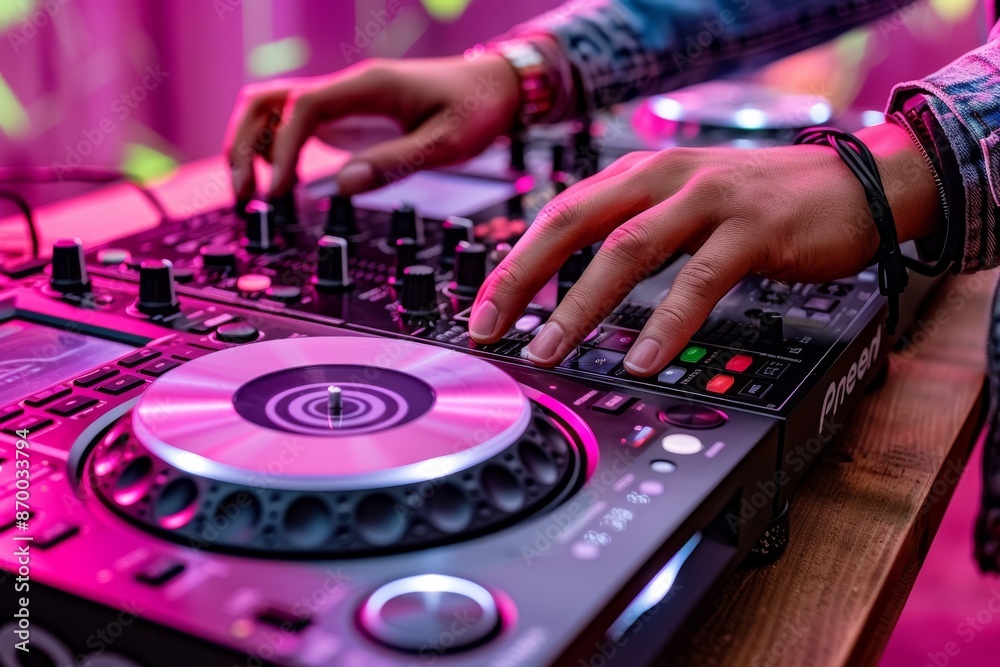 Close up of DJ mixing tracks with vibrant neon lights in a lively nightclub Close up of DJ mixing tracks with vibrant neon lights in a lively nightclub
