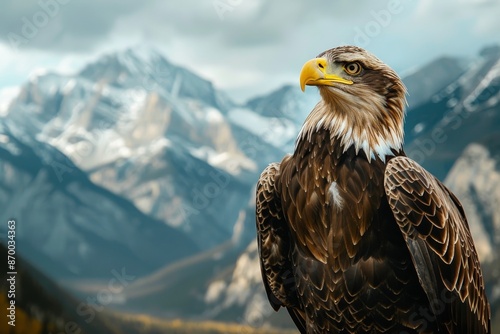 Eagle with sharp gaze against mountainous landscape