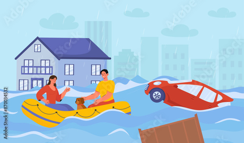 People in flood. Man and woman with dog floating on inflatable boat near houses and cars. People in emergency situation. Tsunami and tornado. Demolition and destruction. Cartoon vector illustration