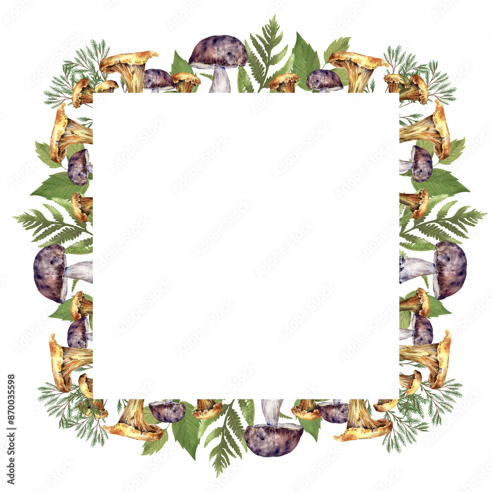 Fototapeta premium Spring fall frame with mushrooms, chanterelle, cep, acorns and leaves. Autumn watercolor border template frame with copy space isolated white background cartoon style.