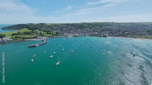 Swanage and Swanage Bay from a drone, Jurassic Coast, Dorset Coast, Poole, England photo