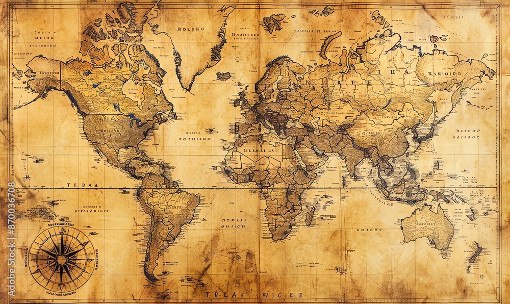 Fototapeta premium Vintage World Map in Old Paper Texture