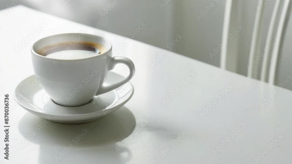Cinemograph cinema graph Motion Photo of smoke steam coming out from a hot Сup of coffee on white table Cinemograph cinema graph Motion Photo of smoke steam coming out from a hot Сup of coffee on white table