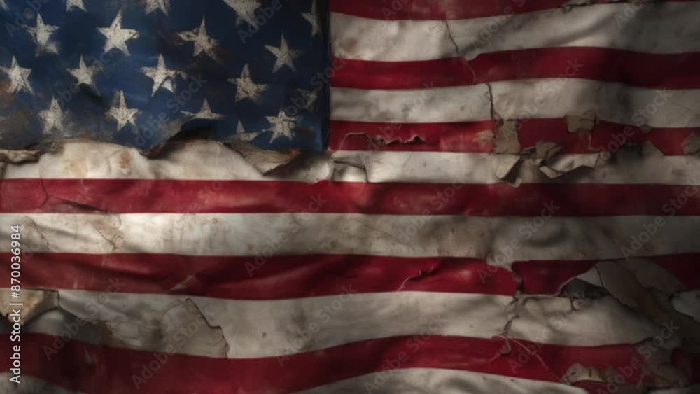 dark ambiance of American torn and tattered flag waves in the wind.