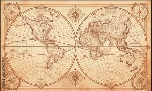 Vintage World Map with Compass Roses