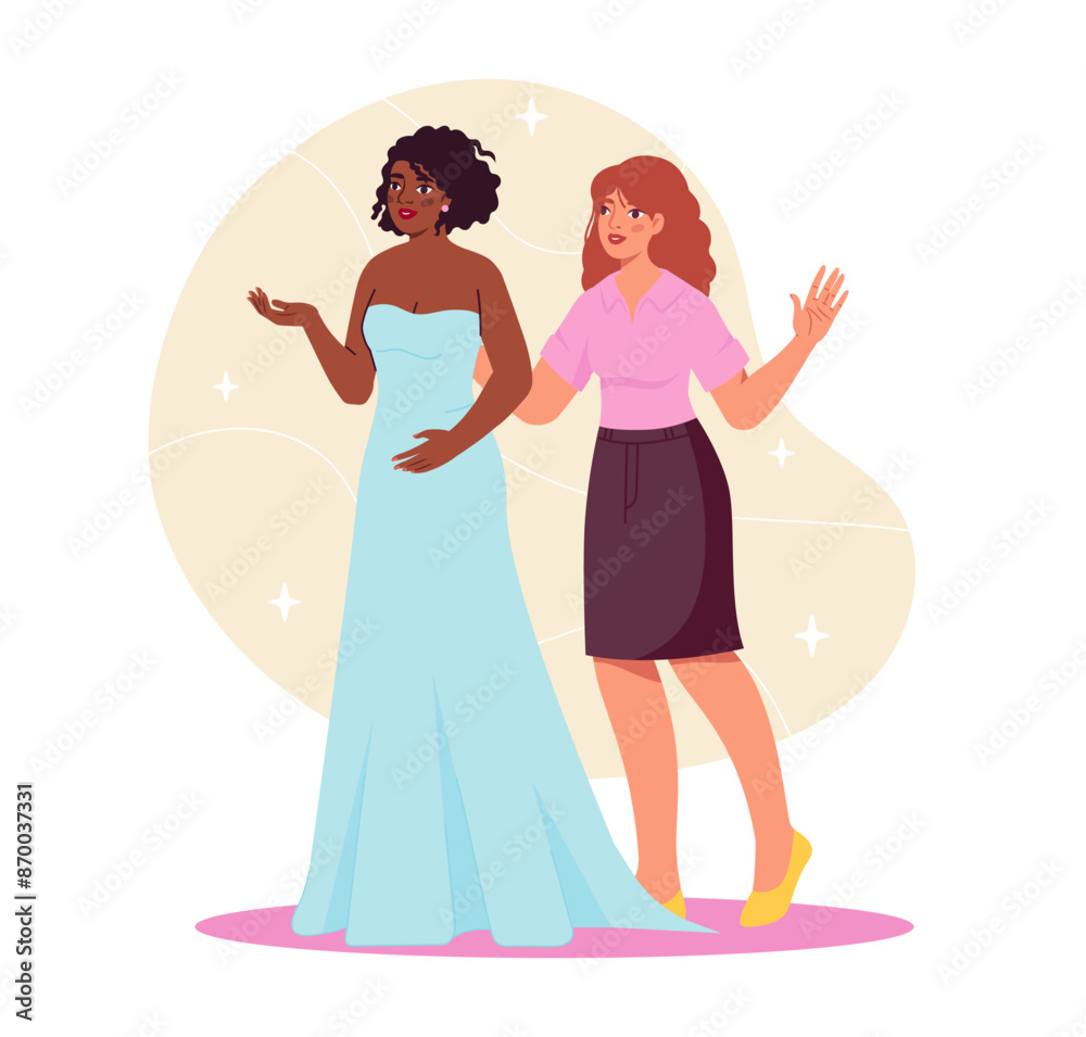 Bride with friend. Woman in wedding dress next to young girl. Wife with bridesmaid at marriage ceremony. Fun, love and leisure. Cartoon vector illustration