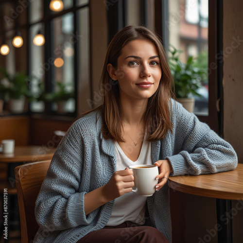 A photo shows a woman in a coffee shop, reading or thinking. The overall scene is one of peaceful contemplation, with the woman lost in her own world