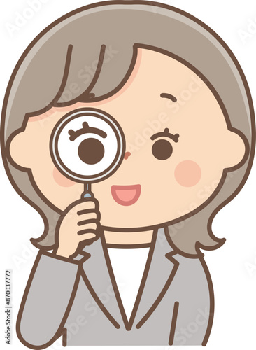 虫眼鏡で見るスーツの女性