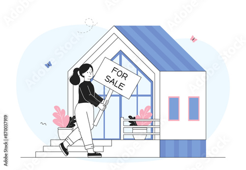 Woman with house for sale. Young girl with sign near building. Realtor sells real estate and private property. Presentation of cottage and townhouse. Linear vector illustration