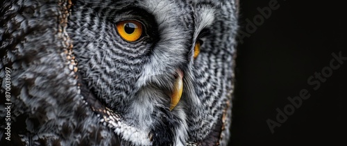 Close-Up Portrait of a Gray Owl With Bright Yellow Eyes