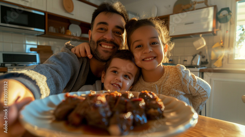 selfie of a father with his kids, happy children, smiling, enjoying food at their kitchen, sunlight and  home kitchen scenario 