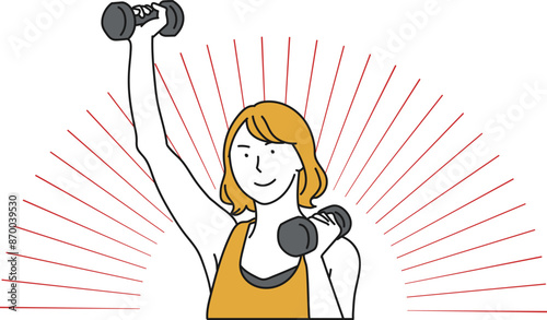 ダンベルでトレーニングをする女性のシンプルイラスト