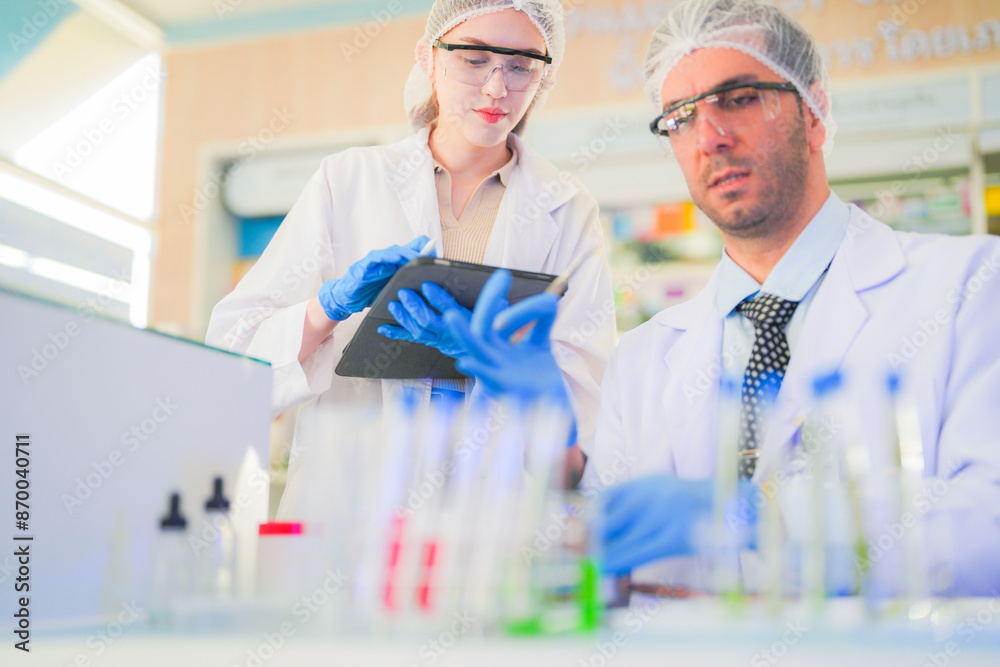 scientists perform experiments and record data. people arranges equipment with test tubes and chemicals for producing medicine and biochemistry. man hold tubes of chemical liquids and plant samples. scientists perform experiments and record data. people arranges equipment with test tubes and chemicals for producing medicine and biochemistry. man hold tubes of chemical liquids and plant samples.