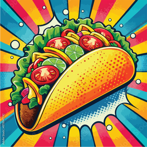 American style cartoon tacoTaco illustration on pop art style background. Vector illustration. Vector clip art illustration with simple gradients. All in a single layer.