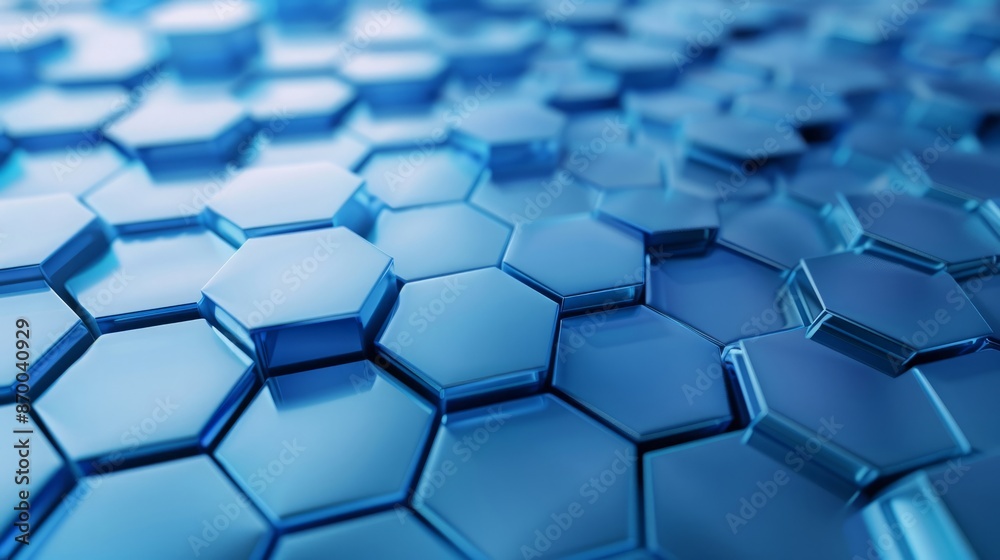 Blue digital technological background with steel hexagon cells. 3d abstract illustration of honeycomb structure.