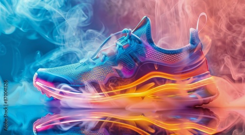 Blue and Yellow Athletic Shoe With Smoke Background