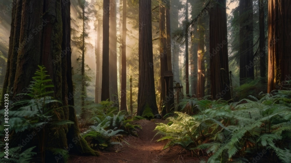 sunlight shines through the trees in a redwood forest sunlight shines through the trees in a redwood forest