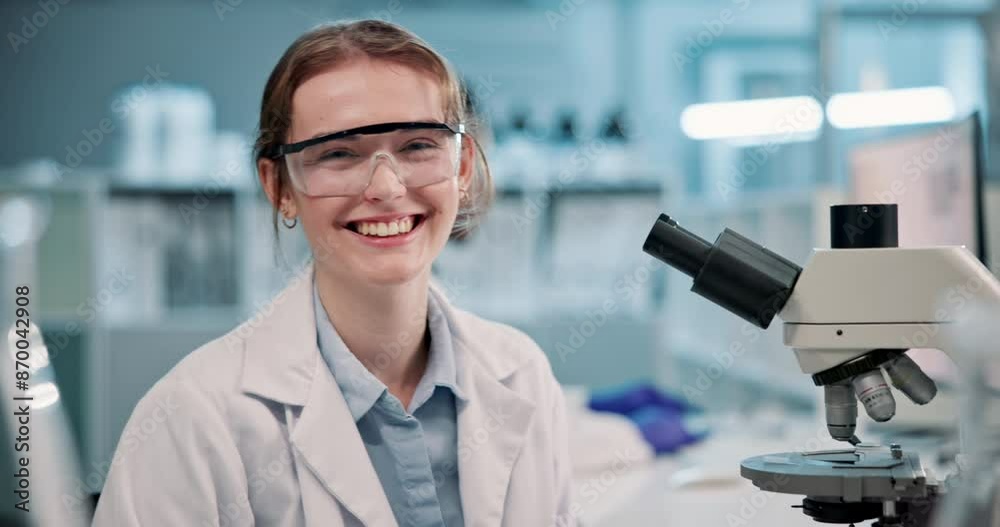 Science, laboratory and face of woman with microscope for research, analysis and vaccine development. Healthcare, med student and portrait of scientist with equipment for study, experiment and sample