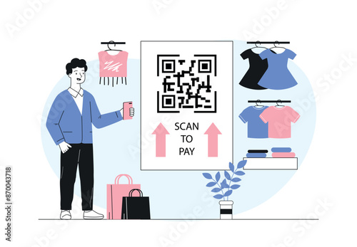 Scan QR code to pay. Man with smartphone scans shortened link. Cashless transfers and transactions. Digital wallet and electronic money. Payment on internet. Linear vector illustration
