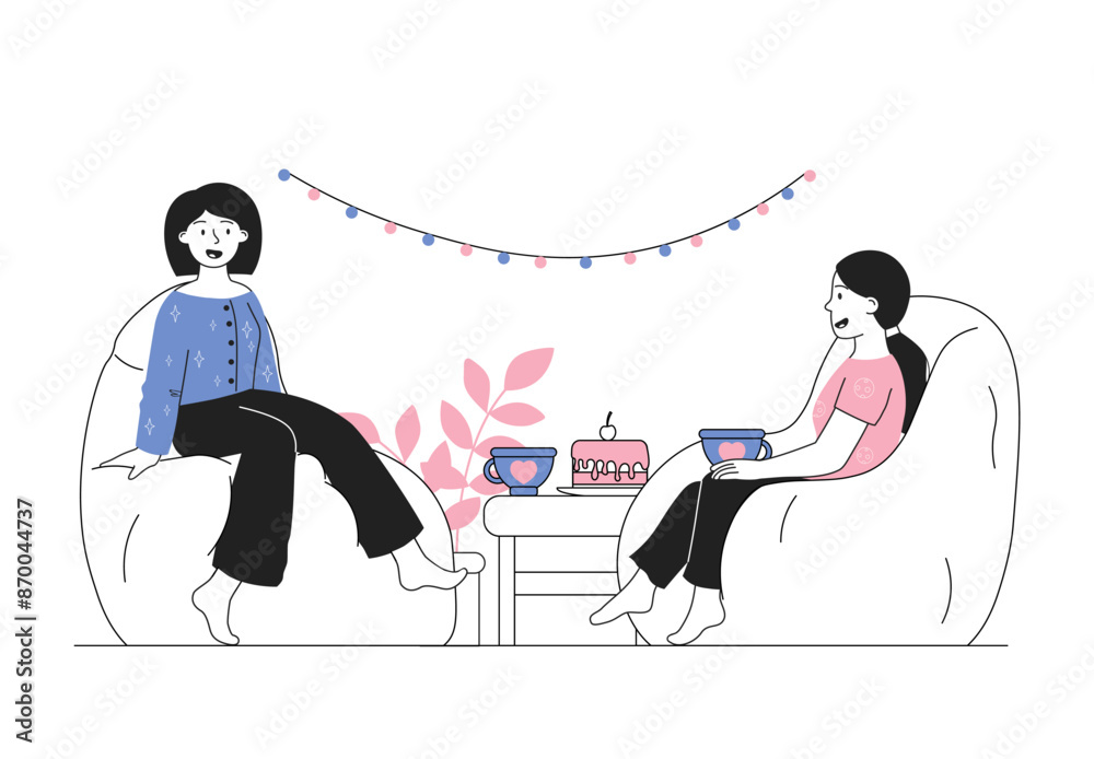 Pajama party girls. Women sit on soft chairs and drink tea. Comfort and coziness in apartment. Party and event, holiday and festival. Linear vector illustration Pajama party girls. Women sit on soft chairs and drink tea. Comfort and coziness in apartment. Party and event, holiday and festival. Linear vector illustration