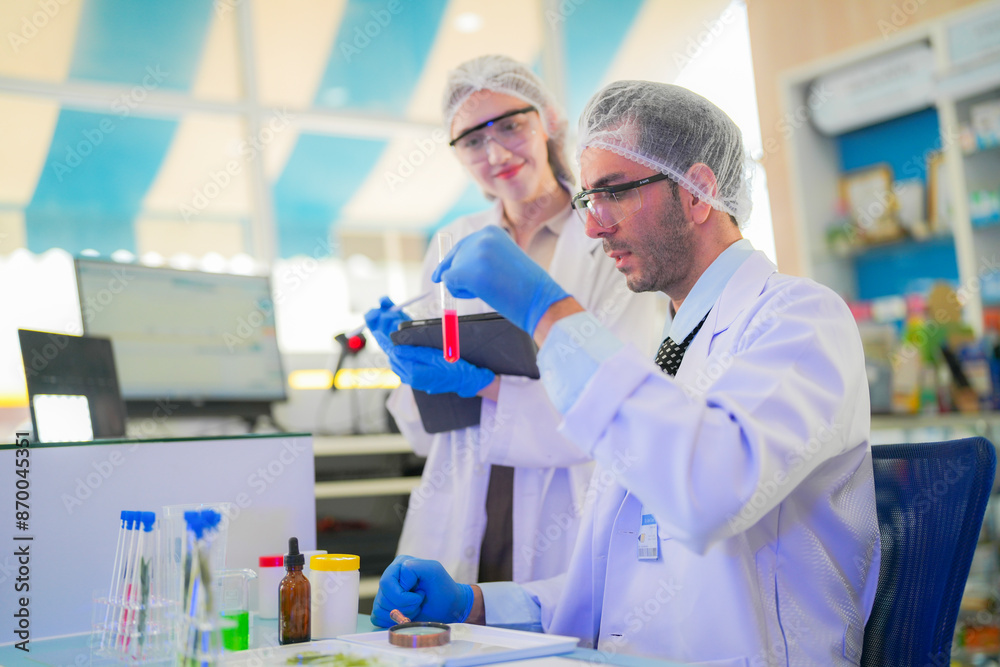 scientists perform experiments and record data. people arranges equipment with test tubes and chemicals for producing medicine and biochemistry. man hold tubes of chemical liquids and plant samples. scientists perform experiments and record data. people arranges equipment with test tubes and chemicals for producing medicine and biochemistry. man hold tubes of chemical liquids and plant samples.