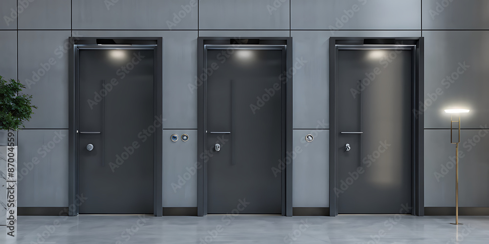 Black and gray doors in the office on a concrete background, Modern hallway with three dark grey doors and stylish potted plants on both sides. The minimalist and sleek design of the corridor Black and gray doors in the office on a concrete background, Modern hallway with three dark grey doors and stylish potted plants on both sides. The minimalist and sleek design of the corridor