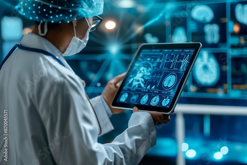 Doctor Holding digital tab with Brain Images, Futuristic Medical Lab Background photo