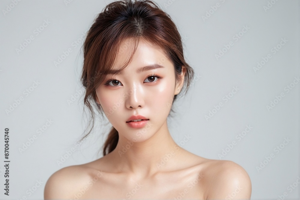 Attractive young Korean model with fresh and bright skin looking at the camera isolated on white background. Attractive young Korean model with fresh and bright skin looking at the camera isolated on white background.