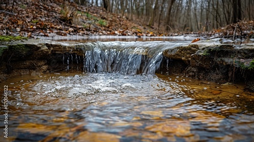 A serene and picturesque woodland stream with a small waterfall surrounded by autumn foliage in a tranquil forest setting, capturing the beauty of nature