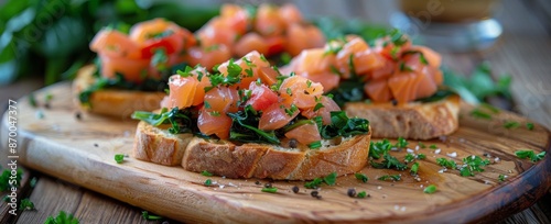 Delicious Salmon and Spinach Bruschetta on a Wooden Cutting Board