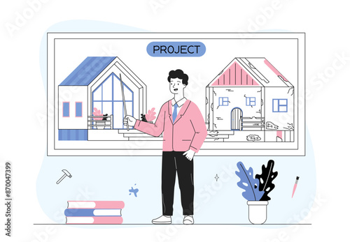 Restyling of house. Man with project of renovation of building. Repair of cottage and townhouse. Ruined and broken real estate. Linear vector illustration
