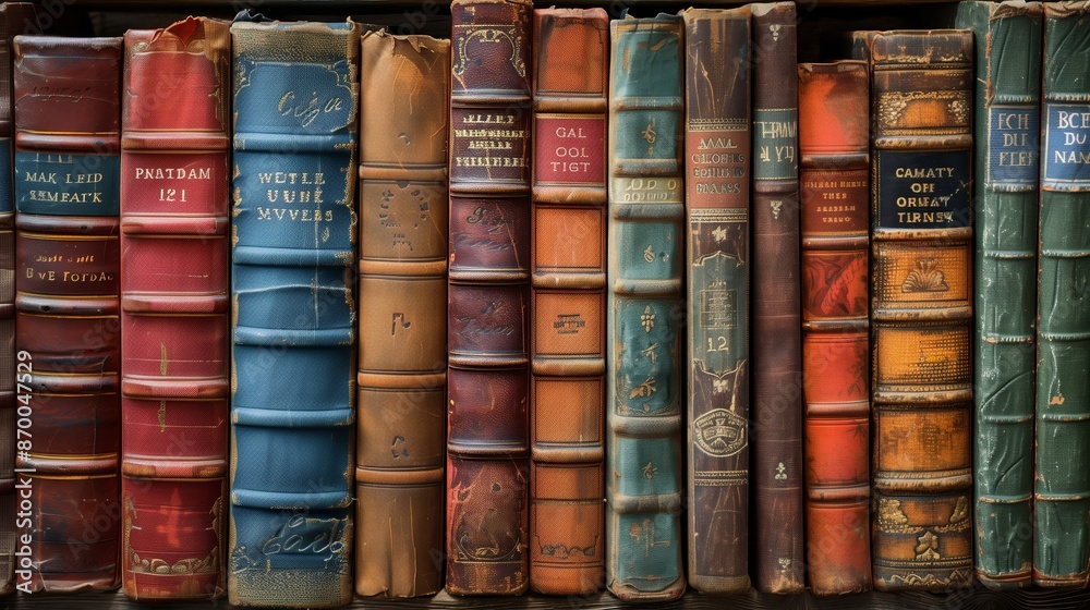 Fototapeta premium A Row of Vintage Books on a Shelf in a Library