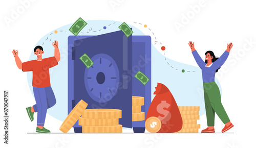 People with safe. Man and woman near safe with banknotes and gold coins. Rich people with savings. Young guy and girl with wealth. Cartoon vector illustration