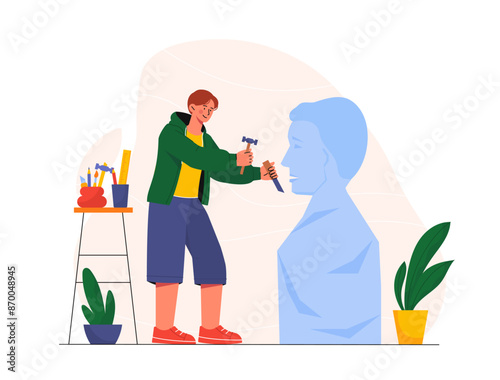Man make sculptures. Young guy artist with hammer and chisel in workshop. Sculptor makes marble statue. Hobby, creativity and art. Cartoon vector illustration