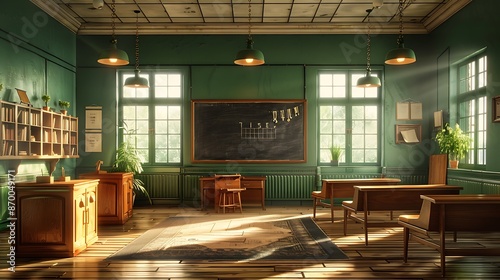 Classic schoolroom with wooden furniture, green walls, chalkboard, and natural light from windows, hanging lamps illuminating the space, nostalgic atmosphere. © CREATER CENTER