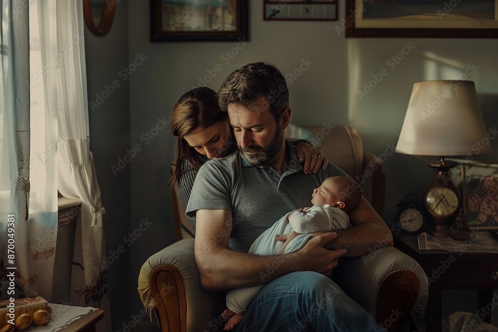 Happy family with newborn baby in armchair at home, Ai Generated Happy family with newborn baby in armchair at home, Ai Generated
