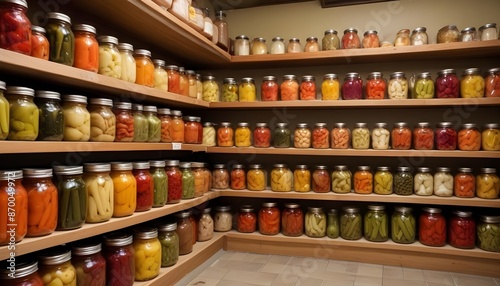 A Corner Pantry Filled with Shelves of Preserved Vegetables