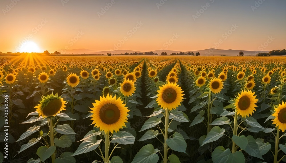 Fototapeta premium The sun casting long shadows across a field of sunflowers during the golden hour.