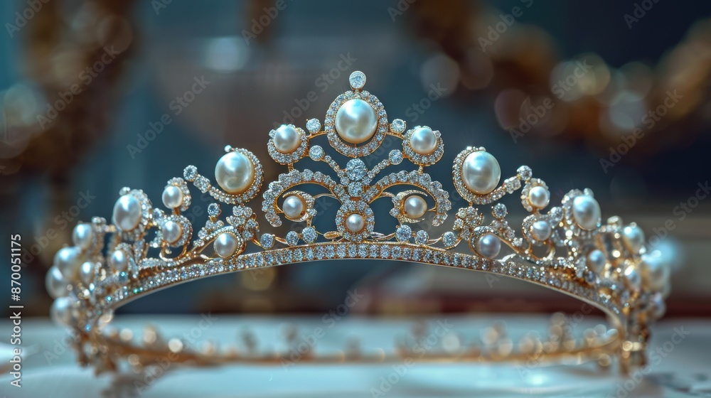 Obraz premium An intricately designed golden tiara adorned with pearls and diamonds, displayed prominently under soft lighting, showcasing its elegance and craftsmanship in a luxurious and sophisticated setting