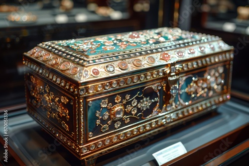 An intricately detailed, jeweled and ornate antique chest showcasing exquisite craftsmanship exhibited in a luxurious setting