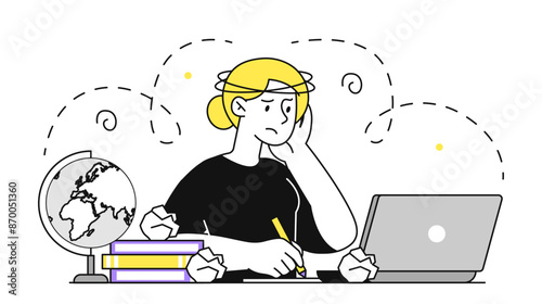 Student stress concept. Woman sits at laptop and does her homework. Education and training. Burnout and mental problems. School and university lesson. Linear vector illustration
