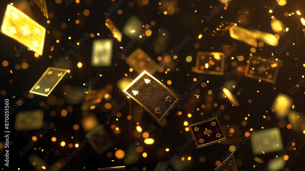 Card background. Backdrop for casino, golden cards flying on black backdrop
Card background. Backdrop for casino, golden cards flying on black backdrop