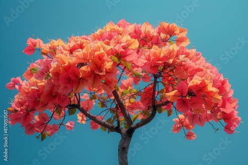 Beautiful tree with vibrant red and orange leaves standing against a clear blue sky, evoking the essence of seasonal change and nature's colorful transformation