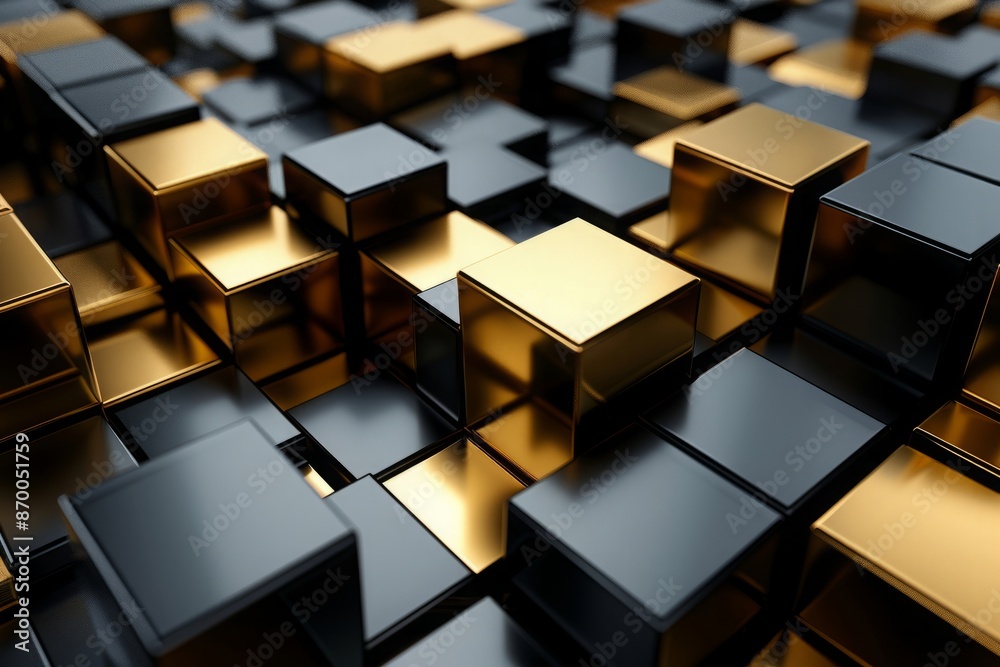 Abstract background with golden and black cubes. 3D illustration. Technology or construction concept. Abstract background with golden and black cubes. 3D illustration. Technology or construction concept.