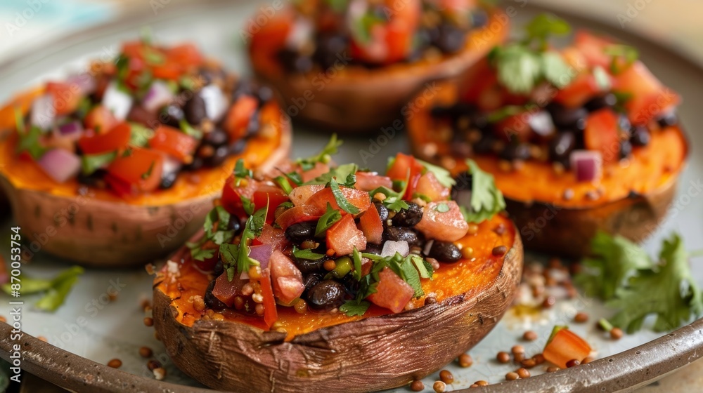 Baked sweet potato rounds topped with buckwheat groats black beans and salsa. Baked sweet potato rounds topped with buckwheat groats black beans and salsa.