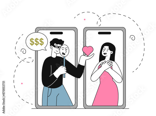 Swindler in social media. Man scammer pretends to be lover of young girl on social networks and instant messengers. Crime and fraud on Internet. Linear vector illustration