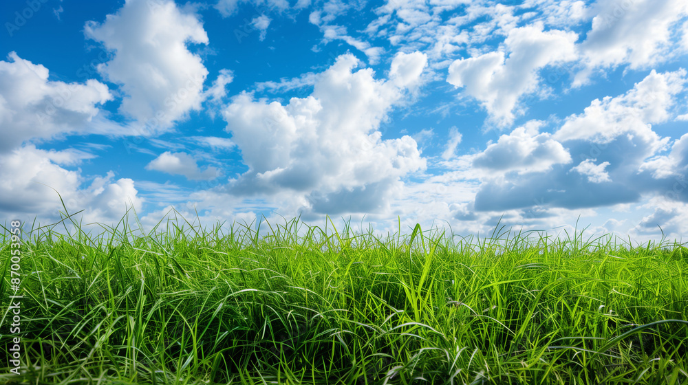 Background image of lush grass field under blue sky Background image of lush grass field under blue sky