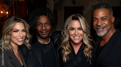 Four diverse individuals smiling in a close-up group portrait showcasing camaraderie and different styles at a social gathering event © aicandy