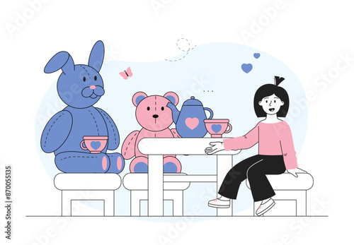 Girl at tea party. Schoolgirl sits at table with teapot and cups. Child plays in childrens room with toys. Kid with teddy bear and hare. Linear vector illustration