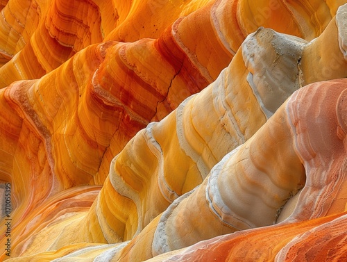 Striking layers of vibrant orange and yellow rock formations showing natural erosion patterns in a breathtaking cliffside landscape photo